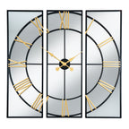 Front view of the mirrored wall clock, with a circular black dial spanning three rectangular frames and gold-coloured Roman numerals and hands.
