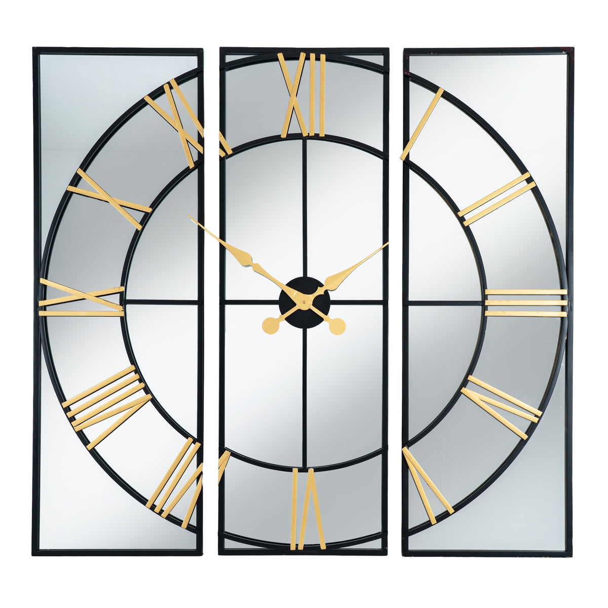 Front view of the mirrored wall clock, with a circular black dial spanning three rectangular frames and gold-coloured Roman numerals and hands.