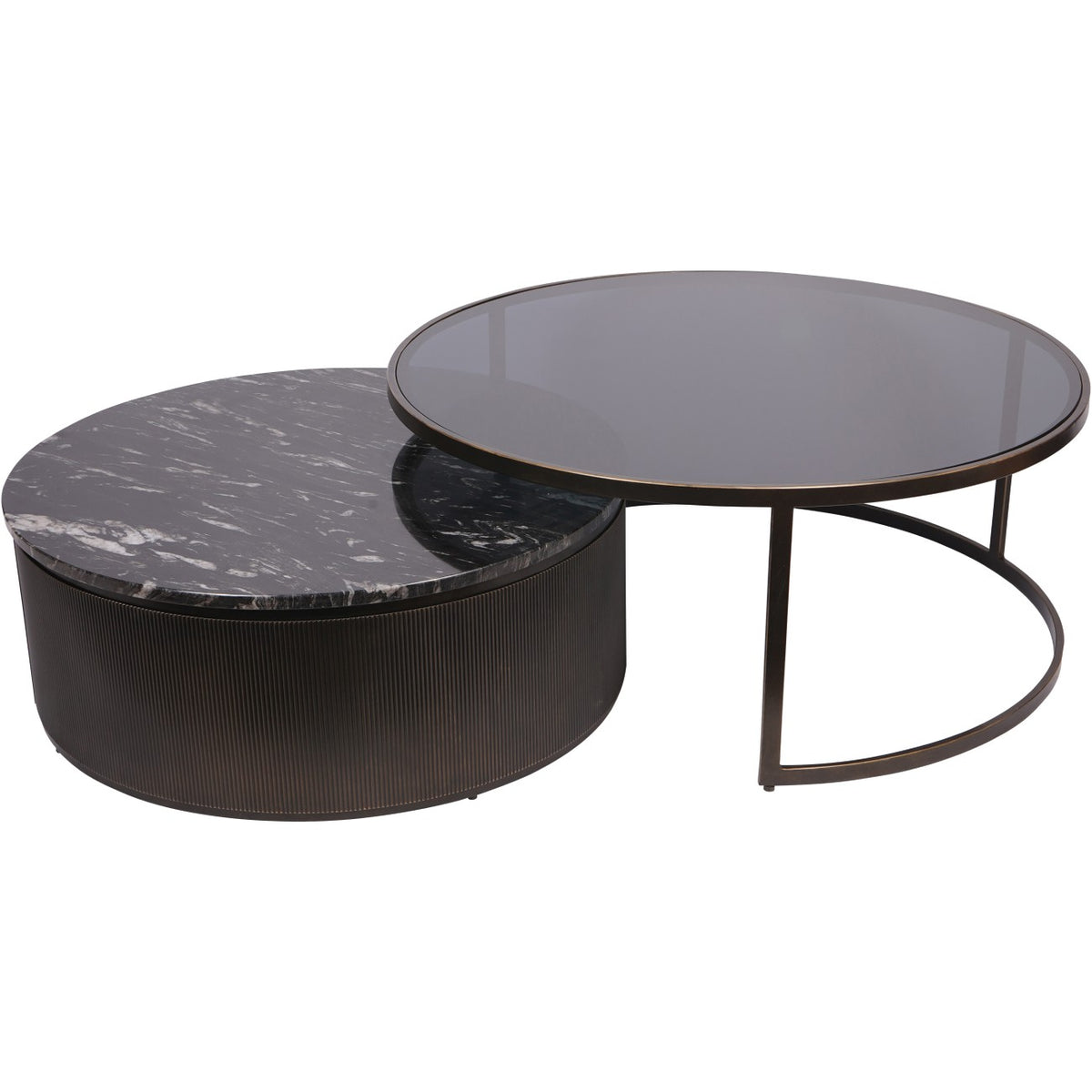 Elevated view of the offset nesting tables, showing both circular tops and the larger table’s open bronze-toned frame.
