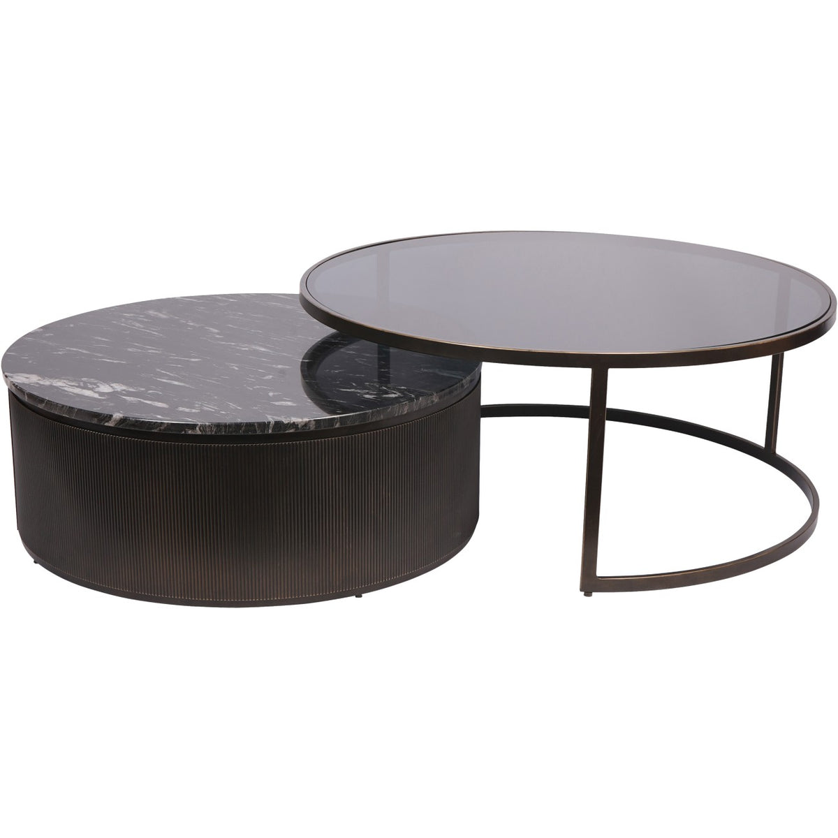 Two round nesting coffee tables with a veined dark marble drum table partly beneath a taller black-tinted glass table.