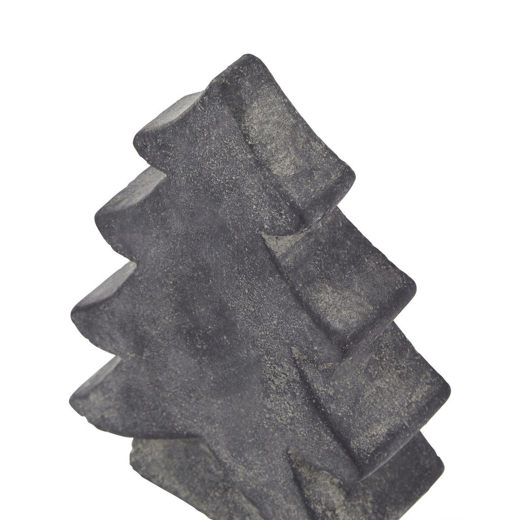 Close angled view of the tree ornament, showing its thick sides, rounded branch tips and mottled grey finish.