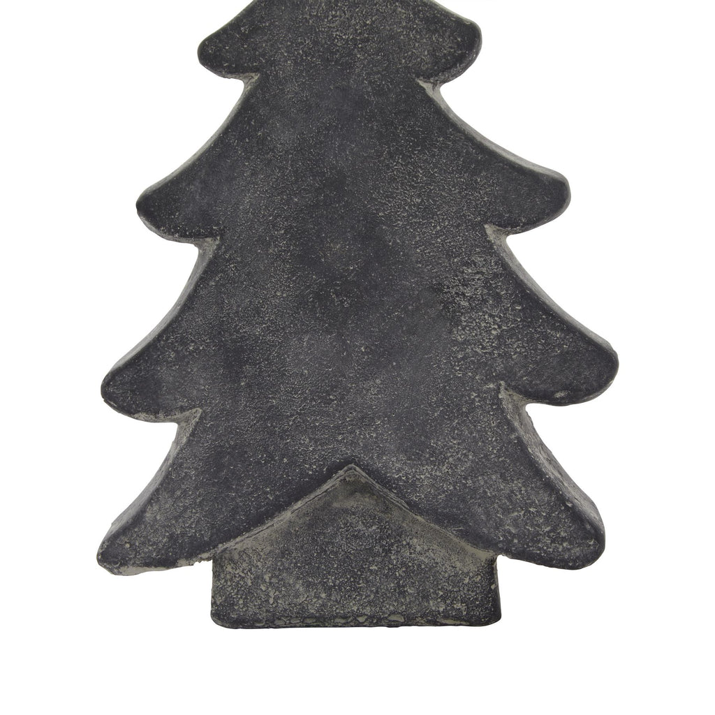 Front detail of the tree ornament's lower branches and broad flat-bottomed trunk, with dense pale speckling over charcoal grey.