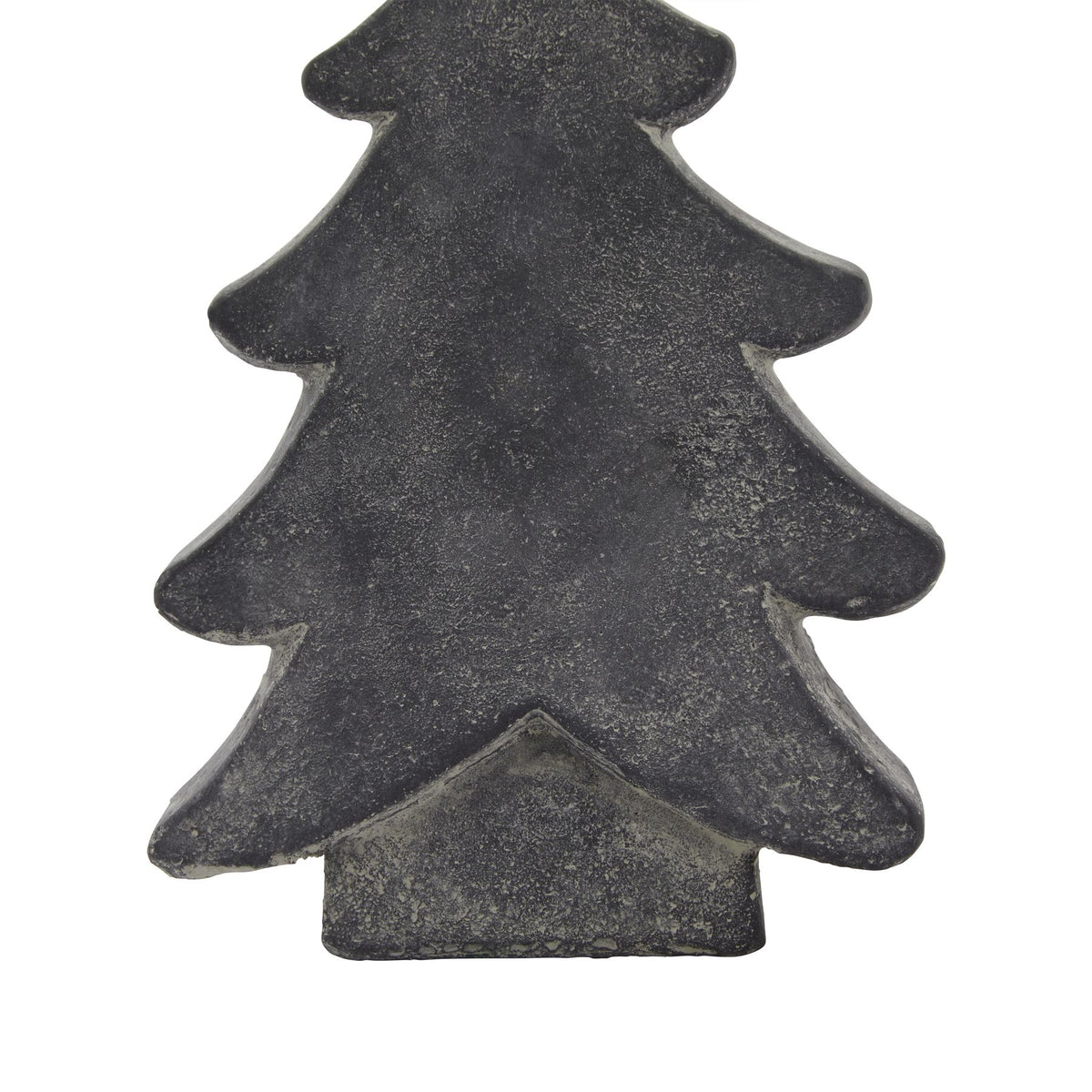 Front detail of the tree ornament's lower branches and broad flat-bottomed trunk, with dense pale speckling over charcoal grey.