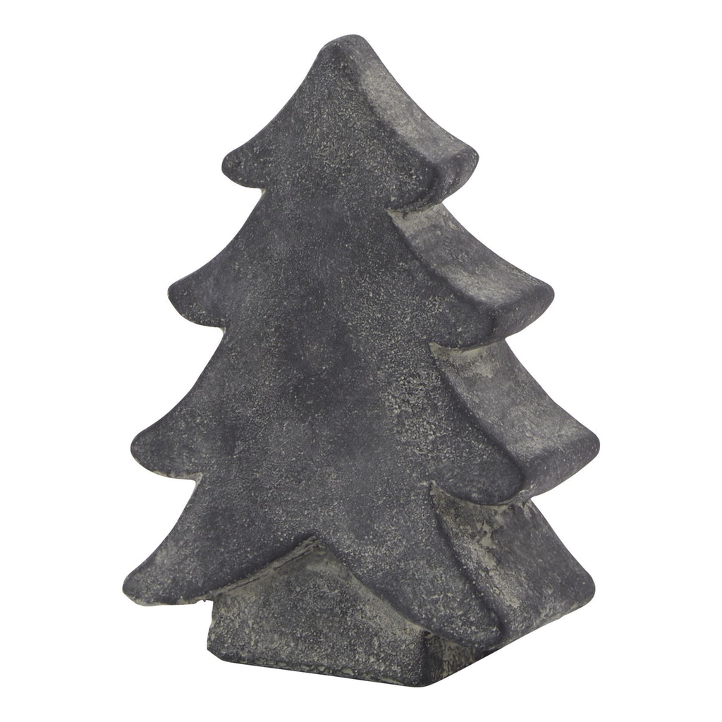 Charcoal-grey tree ornament viewed at an angle, showing curved stepped branches, a short trunk and pale speckled surface.
