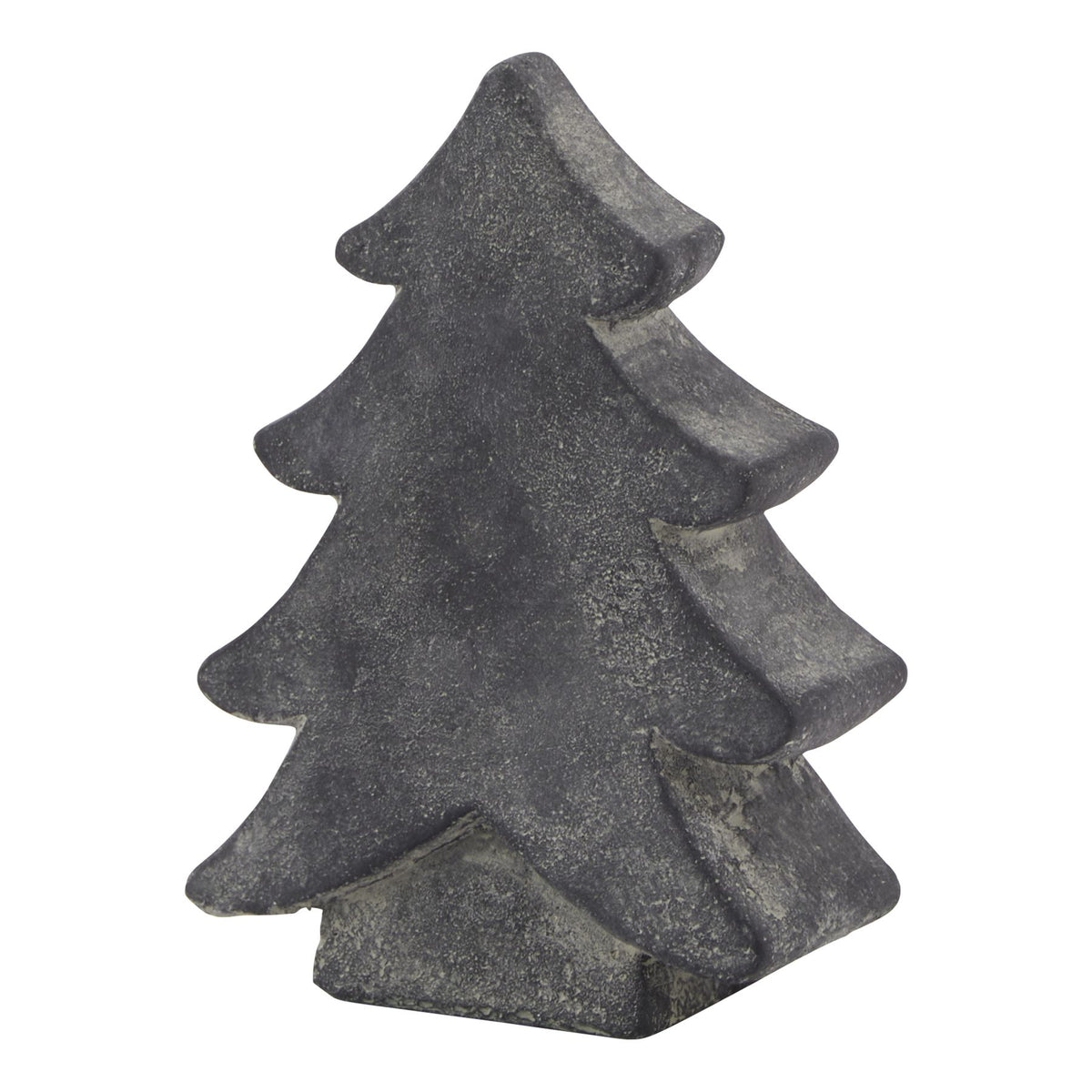 Charcoal-grey tree ornament viewed at an angle, showing curved stepped branches, a short trunk and pale speckled surface.