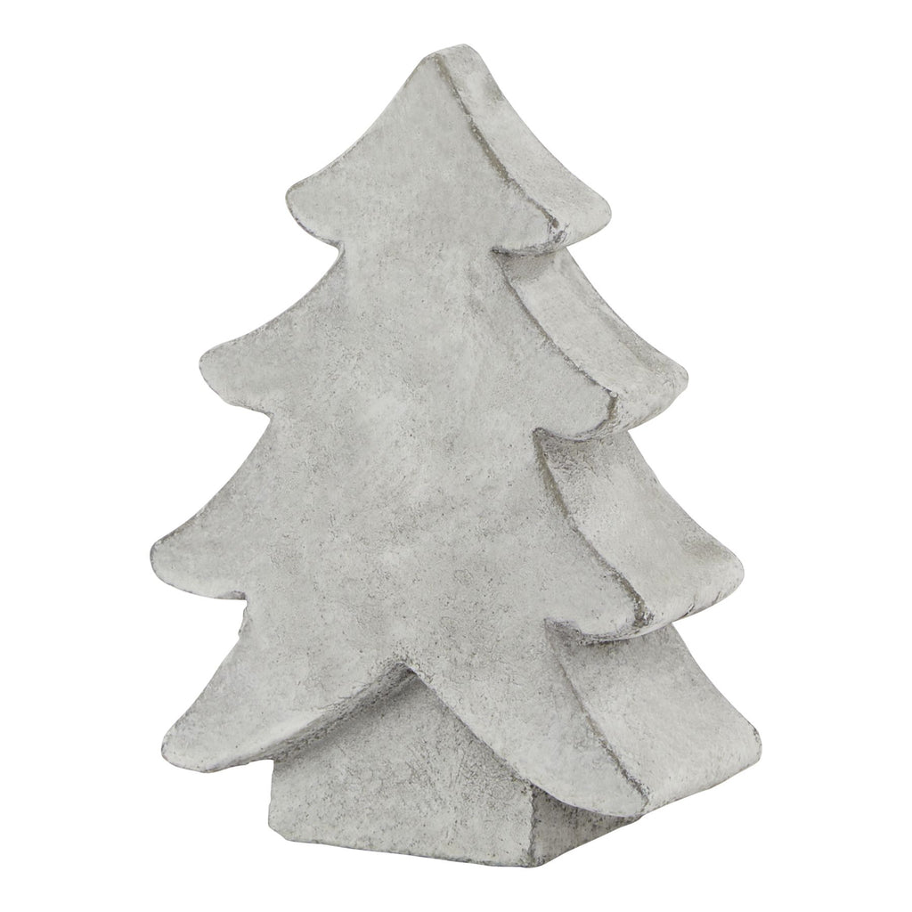 Pale grey-white standing tree ornament shown at an angle, with four stepped branch tiers and a rectangular block base.