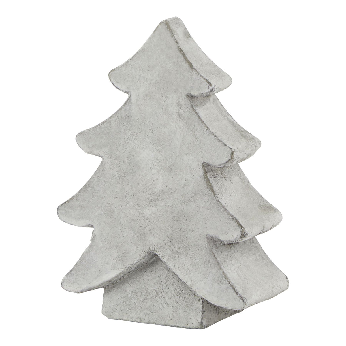 Pale grey-white standing tree ornament shown at an angle, with four stepped branch tiers and a rectangular block base.