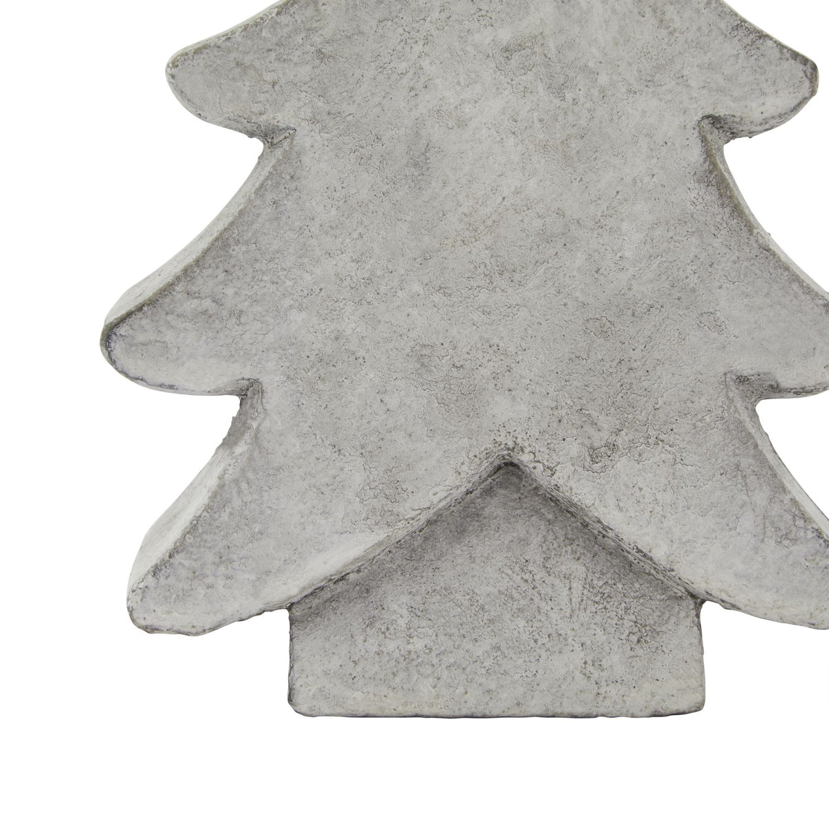 Close-up of the tree ornament's lower branches and block base, showing the fine grey mottling across its pale surface.