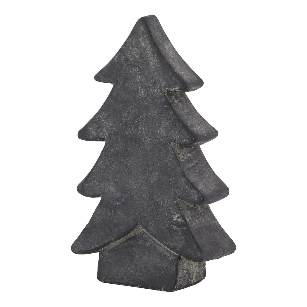 Charcoal-grey tree ornament viewed at an angle, showing stepped branches, a thick profile and a short rectangular trunk.