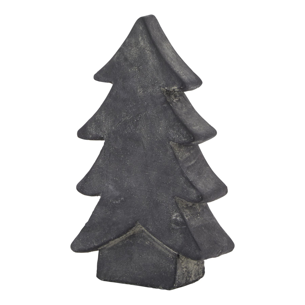 Charcoal-grey tree ornament viewed at an angle, showing stepped branches, a thick profile and a short rectangular trunk.