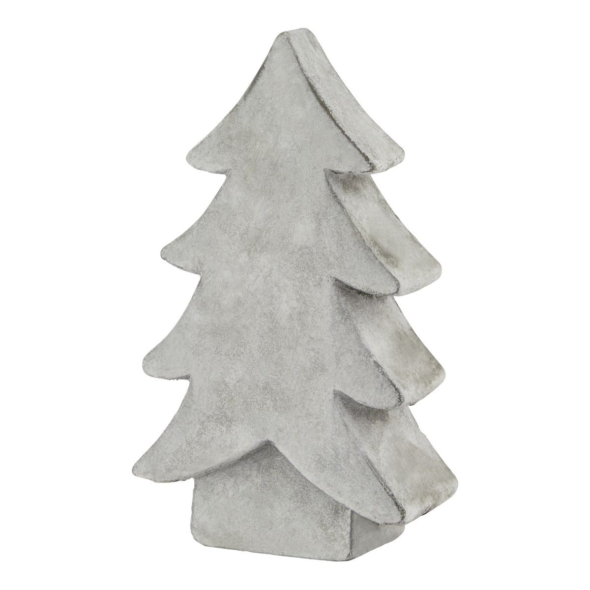 Pale white-grey tree ornament viewed at an angle, showing four stepped branch tiers and a rectangular trunk base.