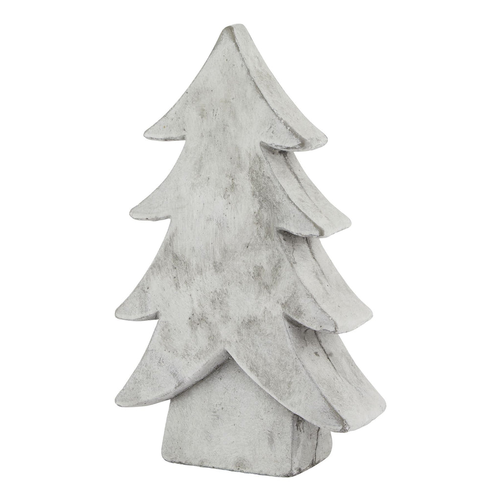 Pale standing tree ornament shown at an angle, with broad stepped branches, a thick profile and a short block-like trunk.