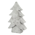 Pale standing tree ornament shown at an angle, with broad stepped branches, a thick profile and a short block-like trunk.