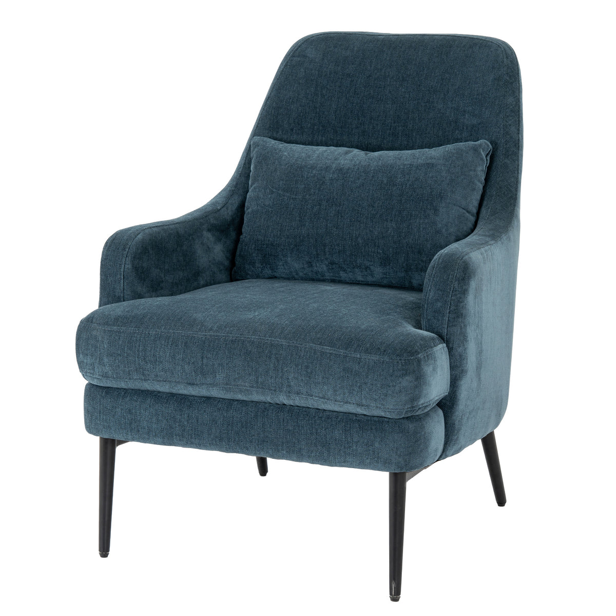 Three-quarter front view of a blue armchair with an arched back, rectangular back cushion, thick seat cushion and slim black legs.