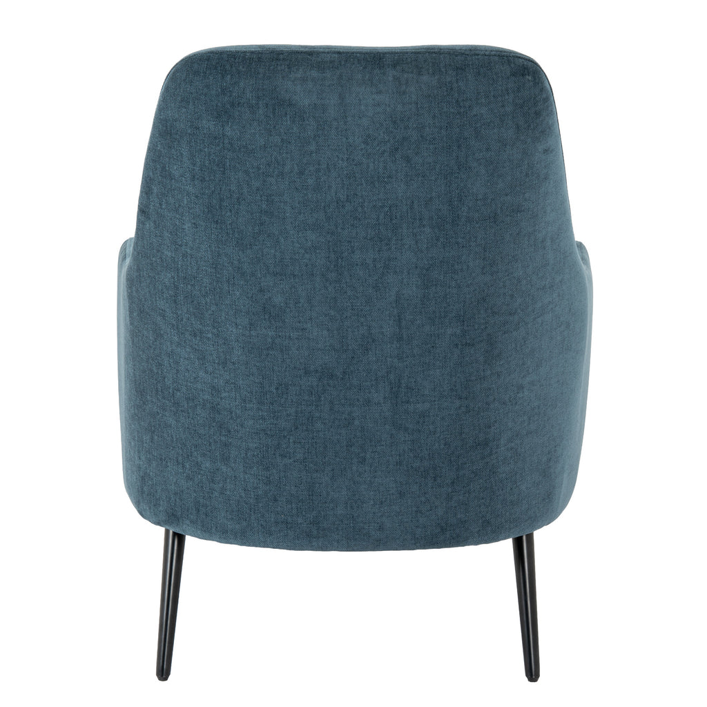 Rear view of the blue armchair with a broad upholstered back, rounded upper corners and two visible black legs.