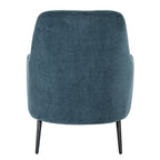 Rear view of the blue armchair with a broad upholstered back, rounded upper corners and two visible black legs.