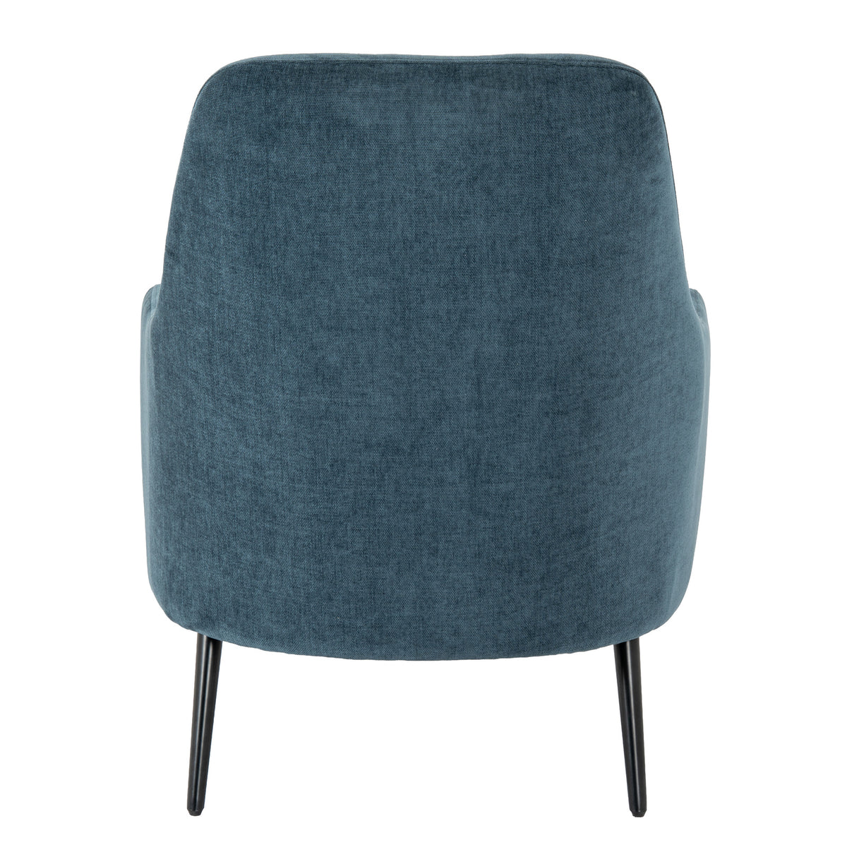 Rear view of the blue armchair with a broad upholstered back, rounded upper corners and two visible black legs.
