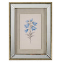 Front view of portrait bluebell artwork showing blue bell-shaped flowers on a grey leafy stem, a beige surround and a broad reflective-looking border within golden-brown edging.