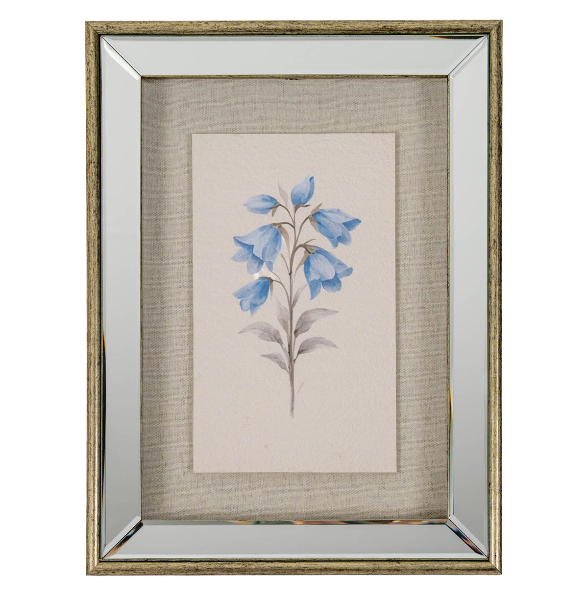 Front view of portrait bluebell artwork showing blue bell-shaped flowers on a grey leafy stem, a beige surround and a broad reflective-looking border within golden-brown edging.