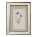 Front view of portrait artwork showing two blue cornflowers with muted leaves on a pale background, within a beige surround, wide reflective-looking border and golden-brown edging.