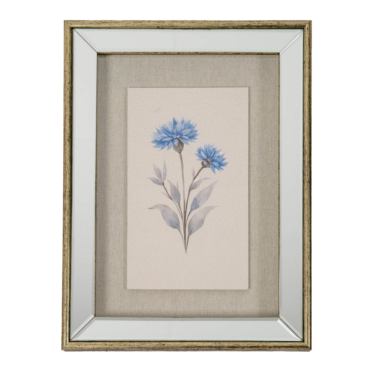 Front view of portrait artwork showing two blue cornflowers with muted leaves on a pale background, within a beige surround, wide reflective-looking border and golden-brown edging.