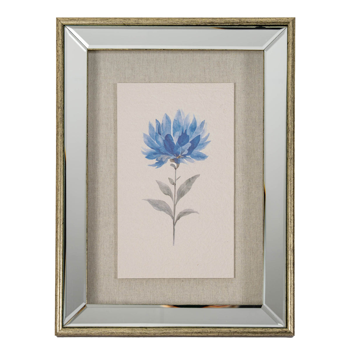 Front view of portrait artwork showing a many-petalled blue flower on a slender grey leafy stem, within a beige woven-looking surround, reflective-looking border and golden-brown frame.