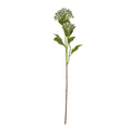 Full artificial hydrangea spray with pale blue-grey bud clusters, green leaves and a long brown stem against white.