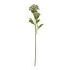 Full artificial hydrangea spray with pale blue-grey bud clusters, green leaves and a long brown stem against white.