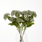Several artificial hydrangea sprays arranged in a clear vase, showing pale bud clusters above broad green leaves.