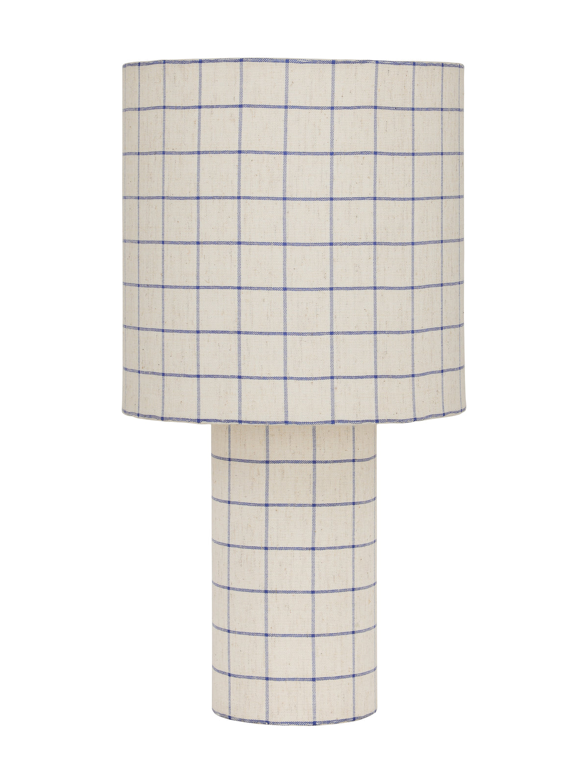 Table lamp on a white background with a broad cylindrical shade and slim cylindrical base, both covered in natural-toned fabric with a fine blue check.