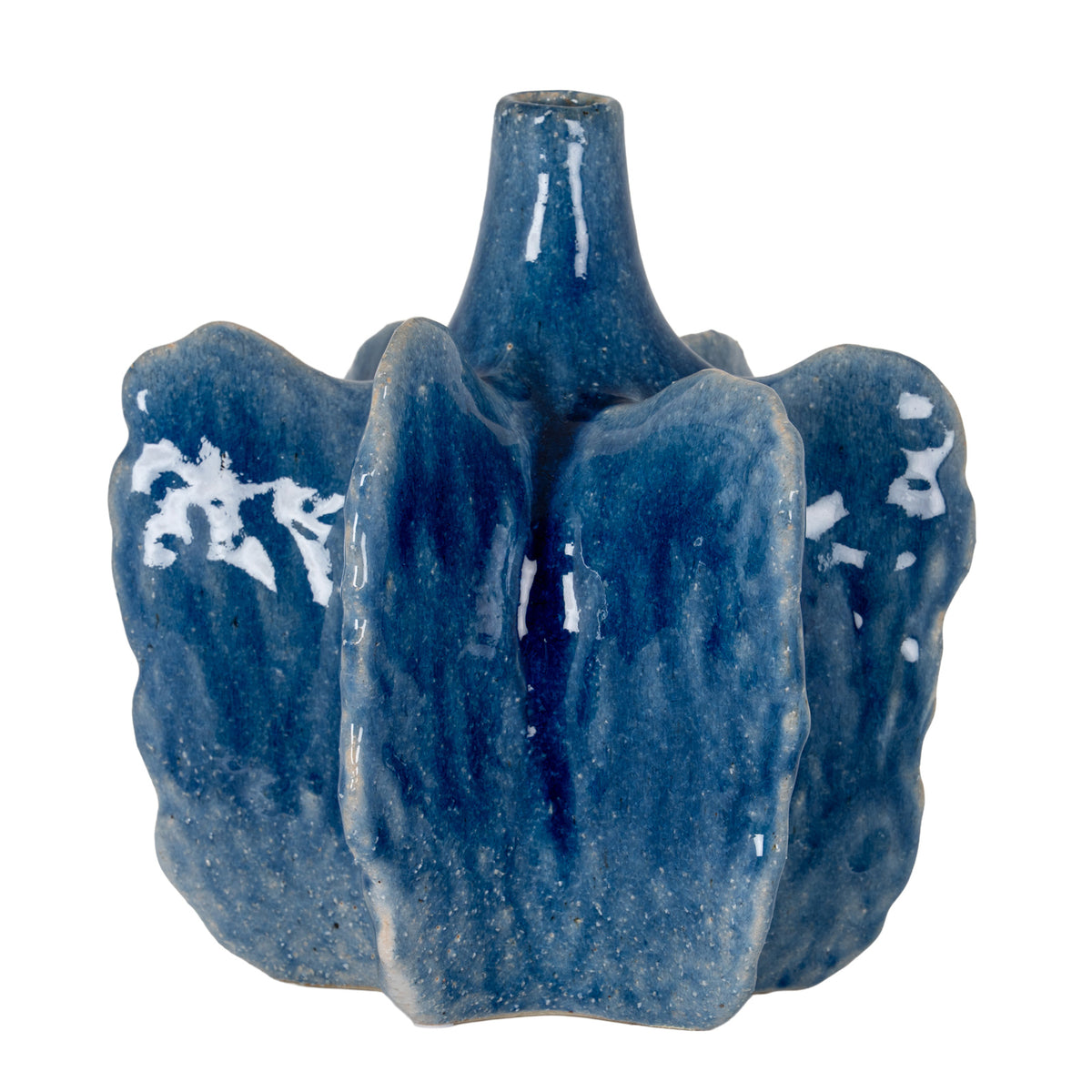 Blue ceramic vase with a narrow open neck and broad upright fins with wavy edges, showing pale flecking and glossy highlights against a white background.