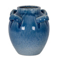 Blue flecked decorative pot on a white background, showing its open neck, rounded body and thick loop handles around the shoulders.