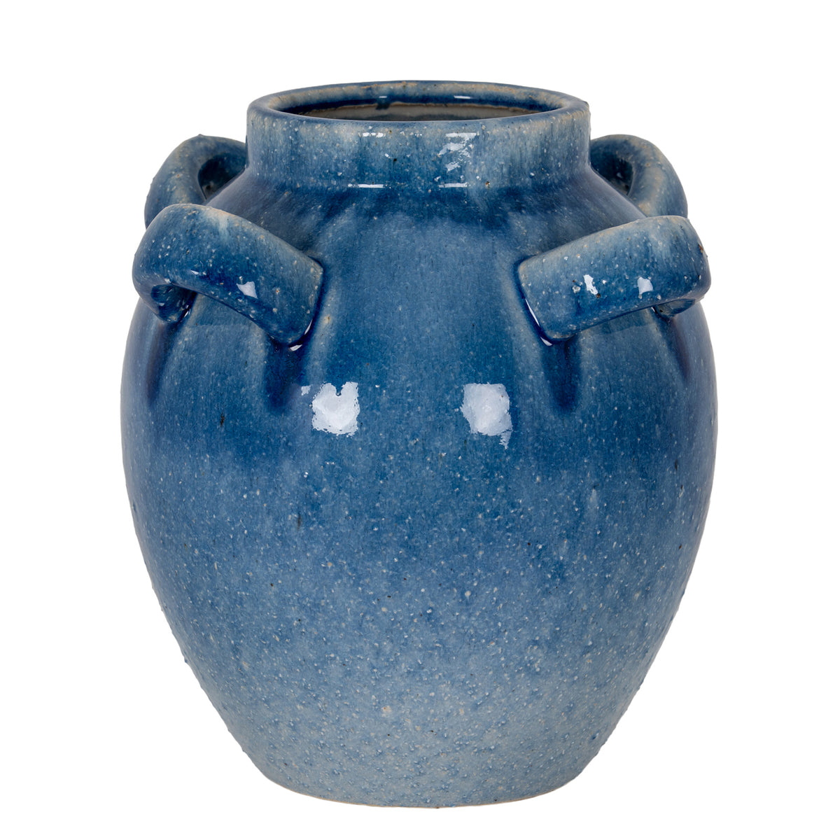 Blue flecked decorative pot on a white background, showing its open neck, rounded body and thick loop handles around the shoulders.