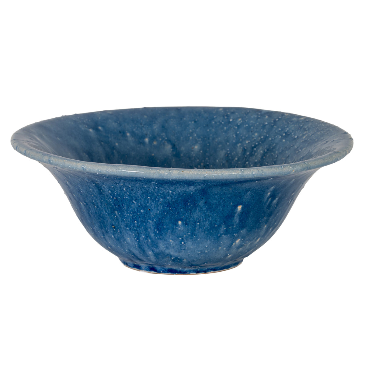 Blue flecked decorative bowl on a white background, showing its wide rounded rim, mottled interior and curved sides tapering to a small base.