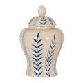 Cream ginger jar on a white background, with blue leafy stems, fine crackle-like lines, tan mottling and a domed lid topped by a pointed oval finial.