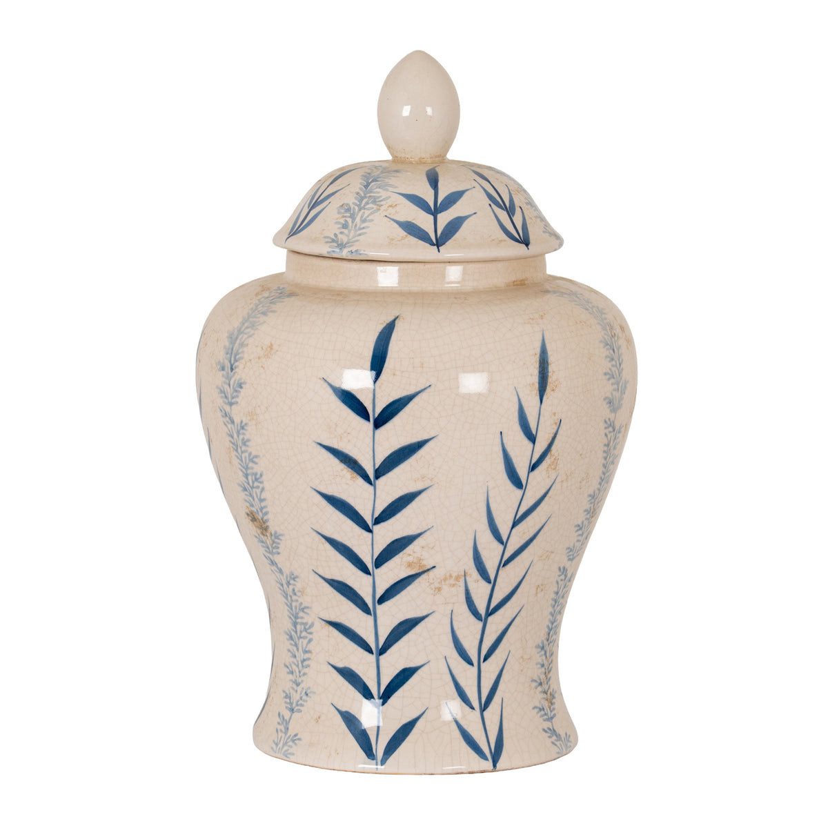 Cream ginger jar on a white background, with blue leafy stems, fine crackle-like lines, tan mottling and a domed lid topped by a pointed oval finial.