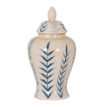 Cream ginger jar on a white background, with blue leafy stems, fine crackle lines, a narrowed waist and a domed lid topped by a pointed oval knob.