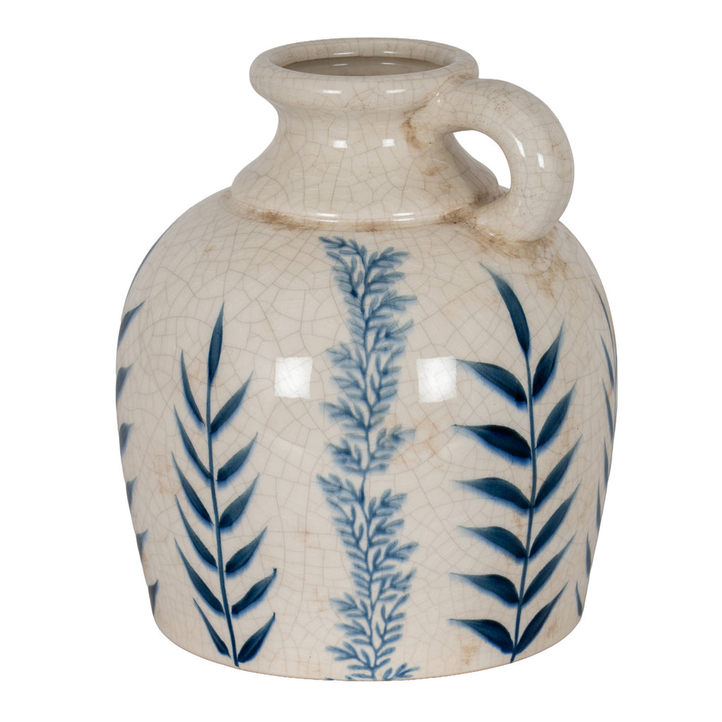 Blue leaf jug-form vase on a white background, showing its rounded body, flared neck and loop handle on the right.