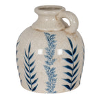 Blue leaf jug-form vase on a white background, showing its rounded body, flared neck and loop handle on the right.