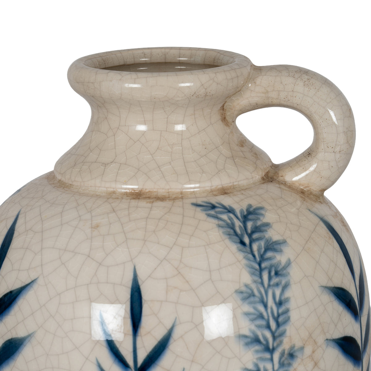 Close view of the vase’s thick rounded rim and loop handle, with fine crackle lines and beige-brown marks across the off-white glaze.