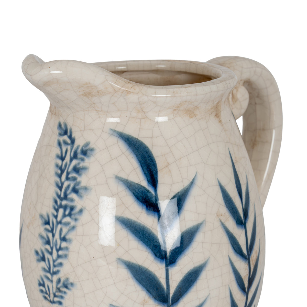 Close-up of the vase's open mouth, curved lip and handle above blue foliage on a glossy off-white crackle surface.