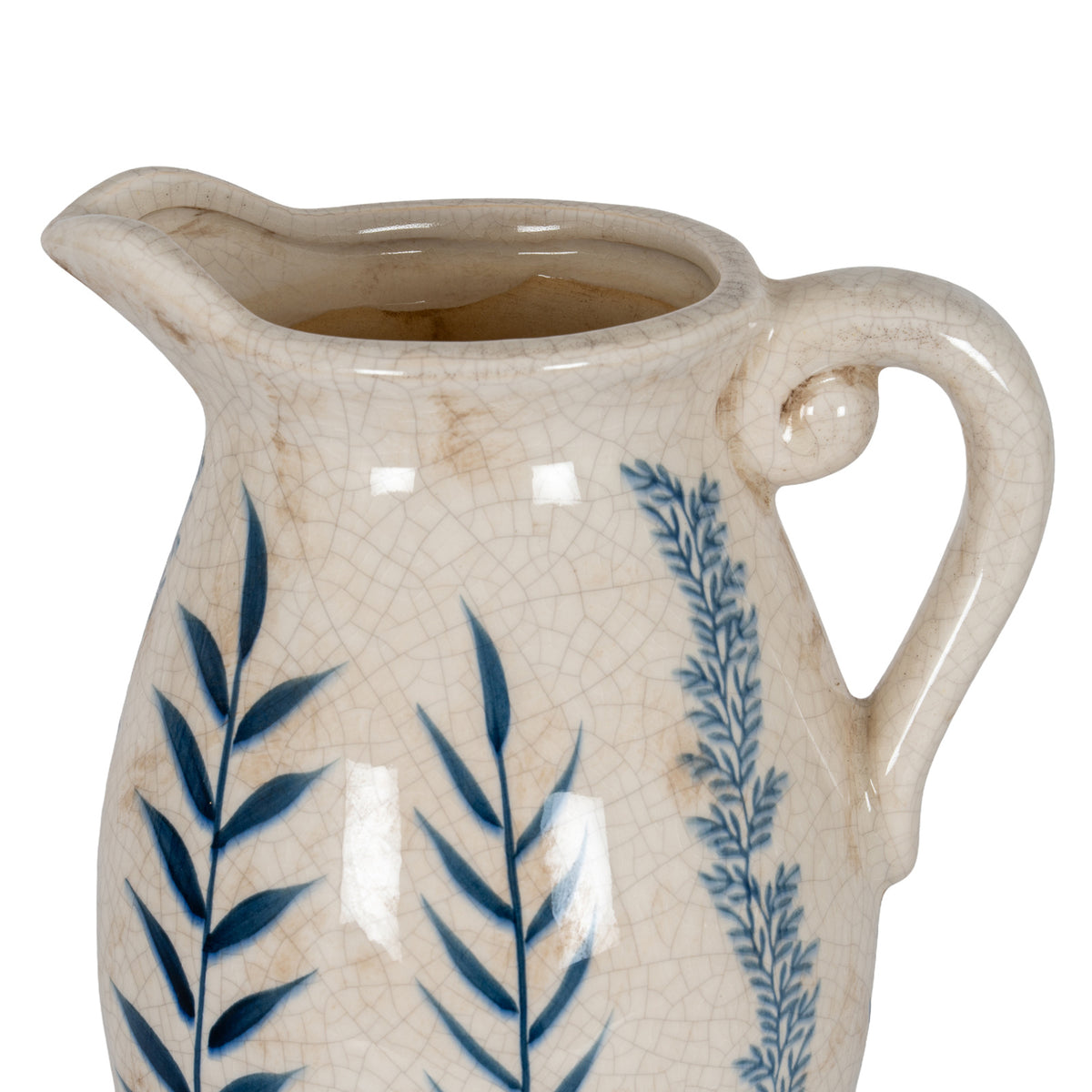 Close view of the vase's open mouth, broad lip and loop handle, showing the curled handle join and cream crackle finish.