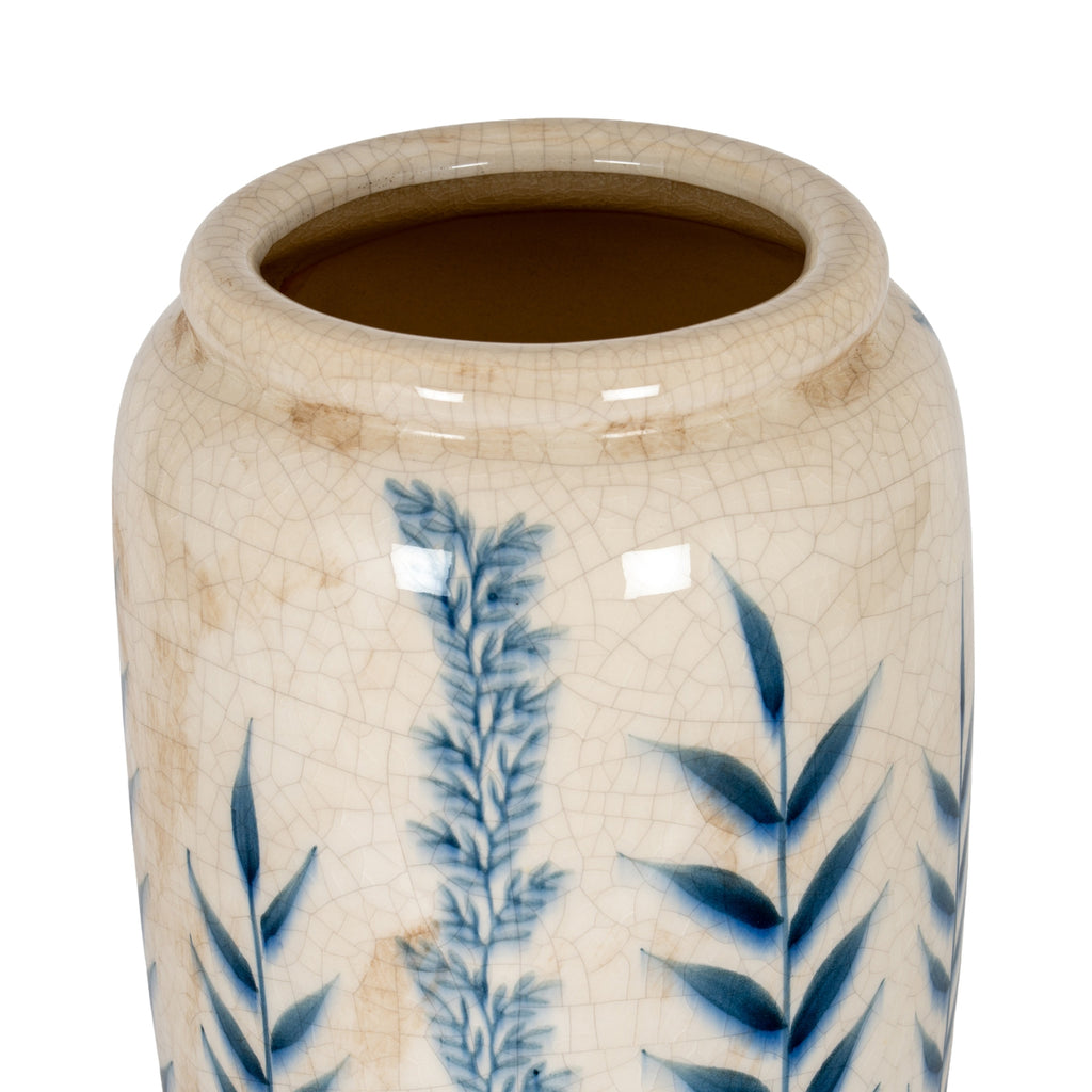 Close view of the vase's open neck and thick rounded rim, with glossy crackle glaze and tan-brown marks around the shoulder.