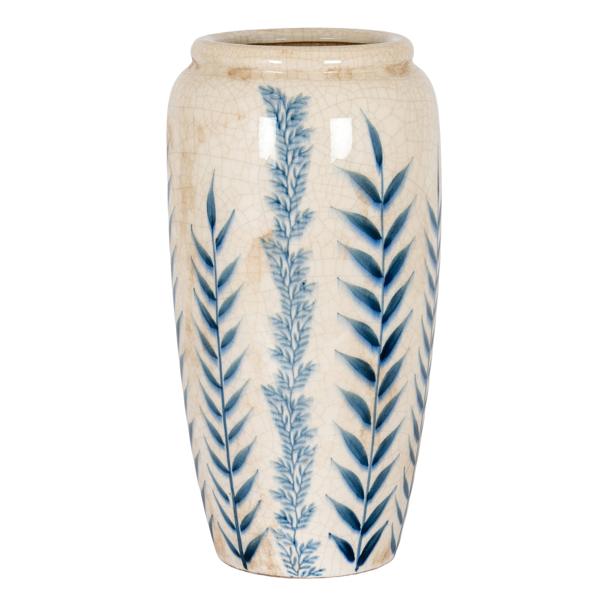 Tall tapered vase with upright blue botanical stems on an off-white crackle surface, shown in full against white.