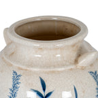 Close view from above of the vase's open neck, thick rounded lip and upward-curving shoulder handles, with fine crackle lines across the glaze.