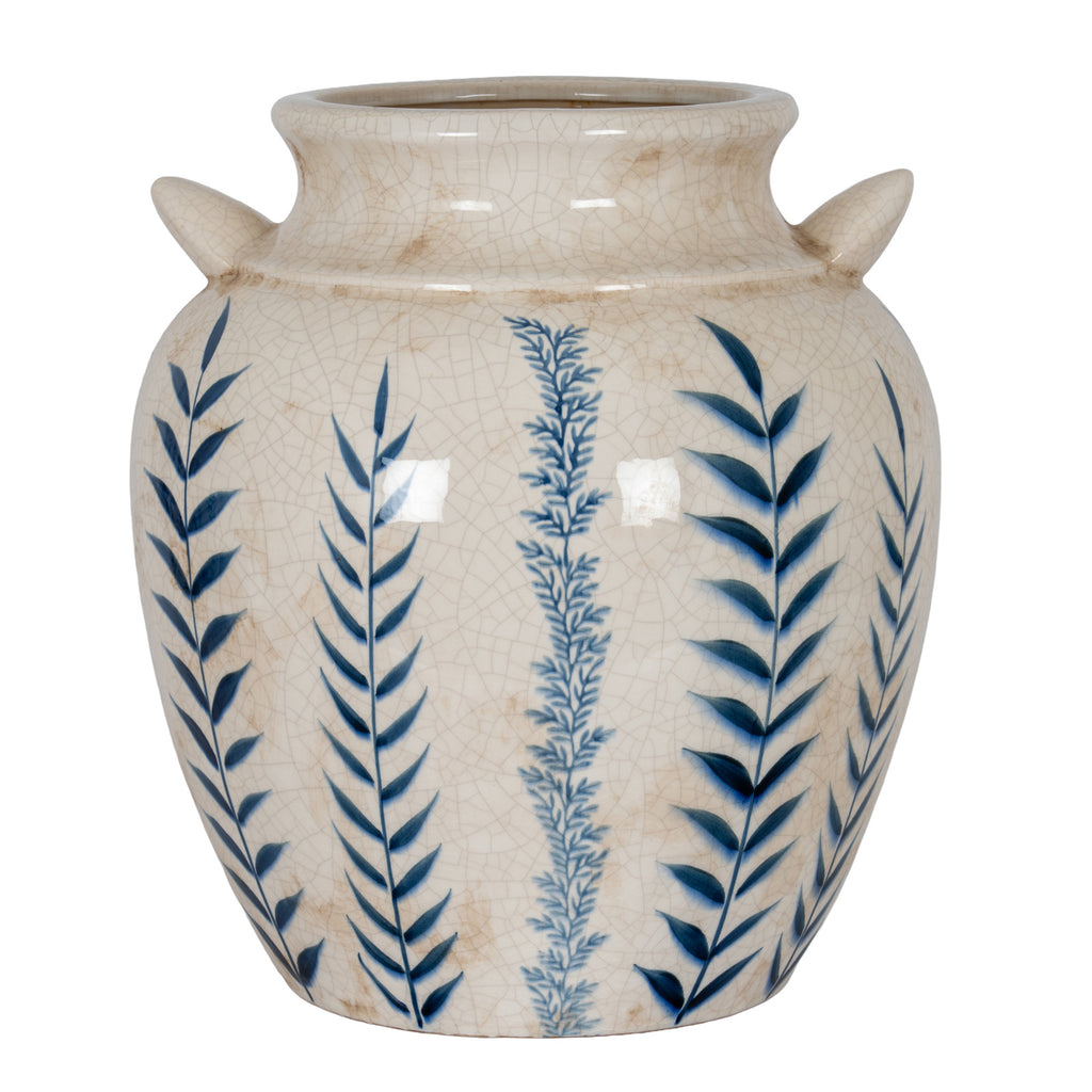 Straight-on view of the twin-handled vase, showing a fine blue leafy stem between larger leaves and warm beige markings around the neck.