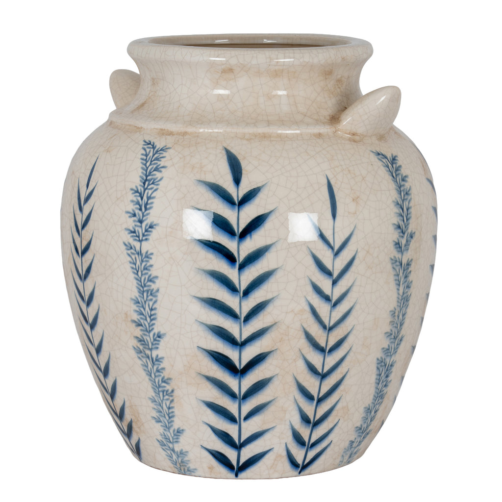 Blue leaf vase viewed at a slight angle, with a broad rounded body, flared rim and two small handles on an off-white crackle finish.