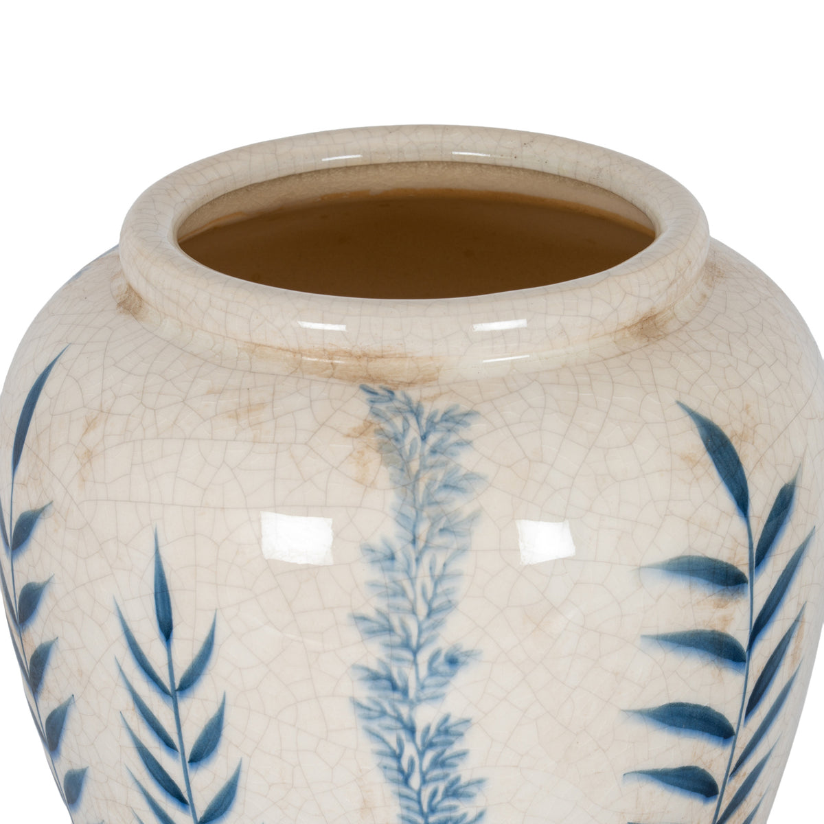 Close view of the vase's wide opening and thick rounded lip, with tan-brown marks around the collar and blue leaves below.