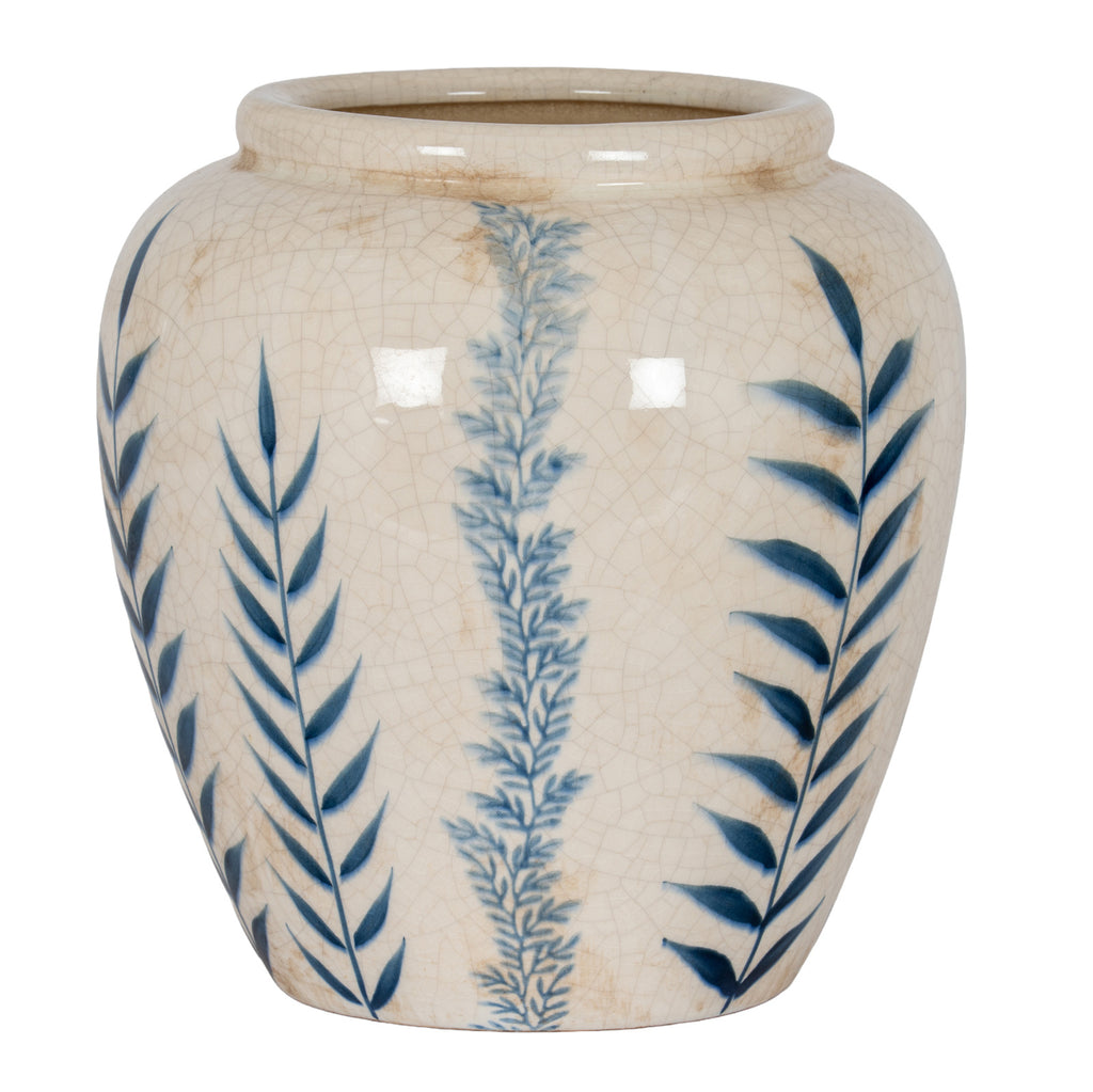 Rounded off-white vase with a wide neck, blue leafy stems and fine crackle lines, shown against a white background.