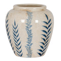 Rounded off-white vase with a wide neck, blue leafy stems and fine crackle lines, shown against a white background.